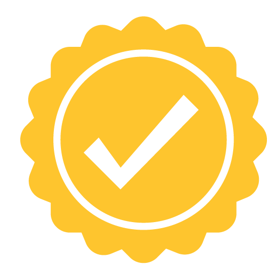 Yellow badge with a white check mark on a white background